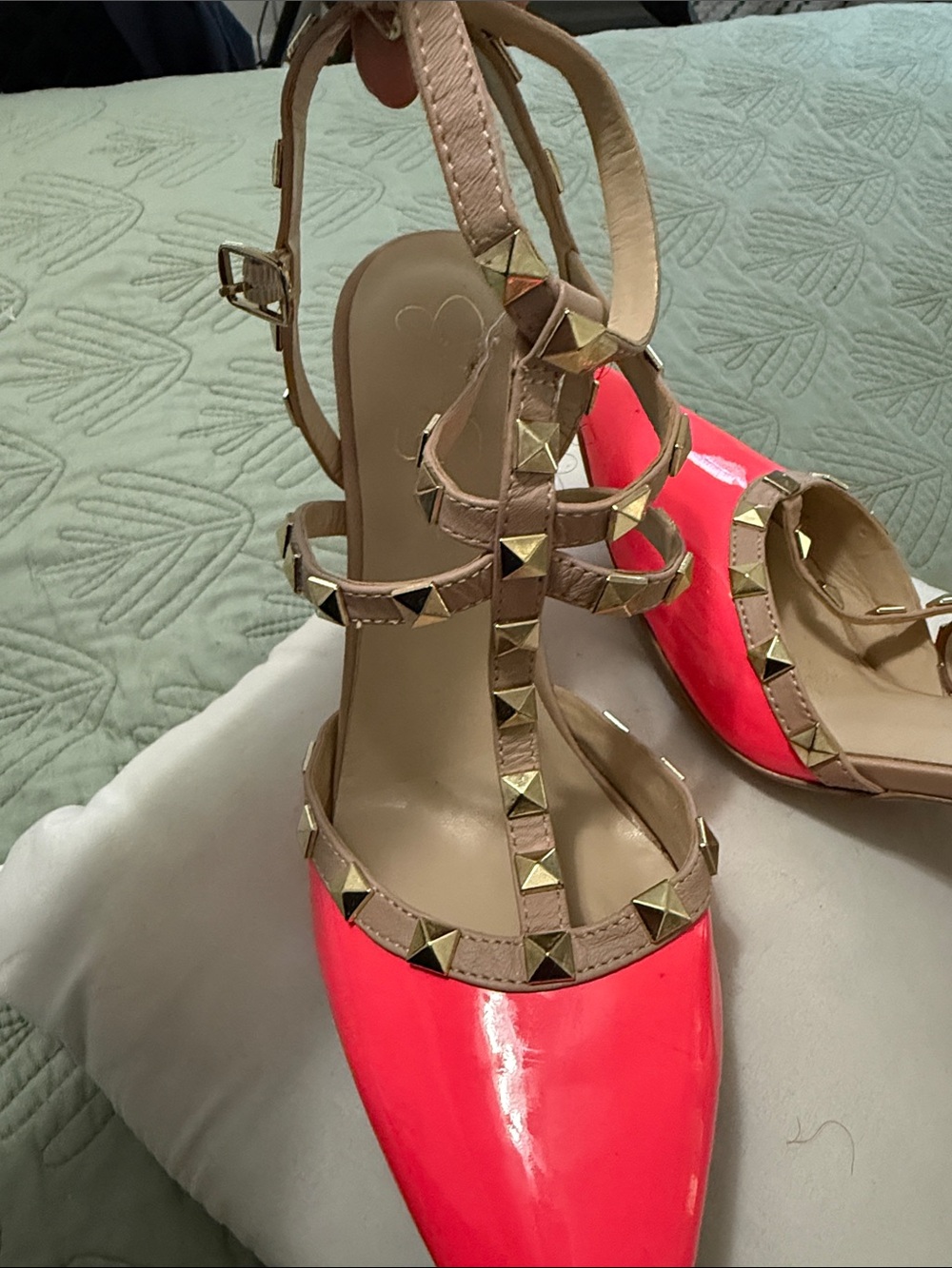 Jessica Simpson Hot Pink Patent Pointed T-Strap Heels with Tan Studded Straps
